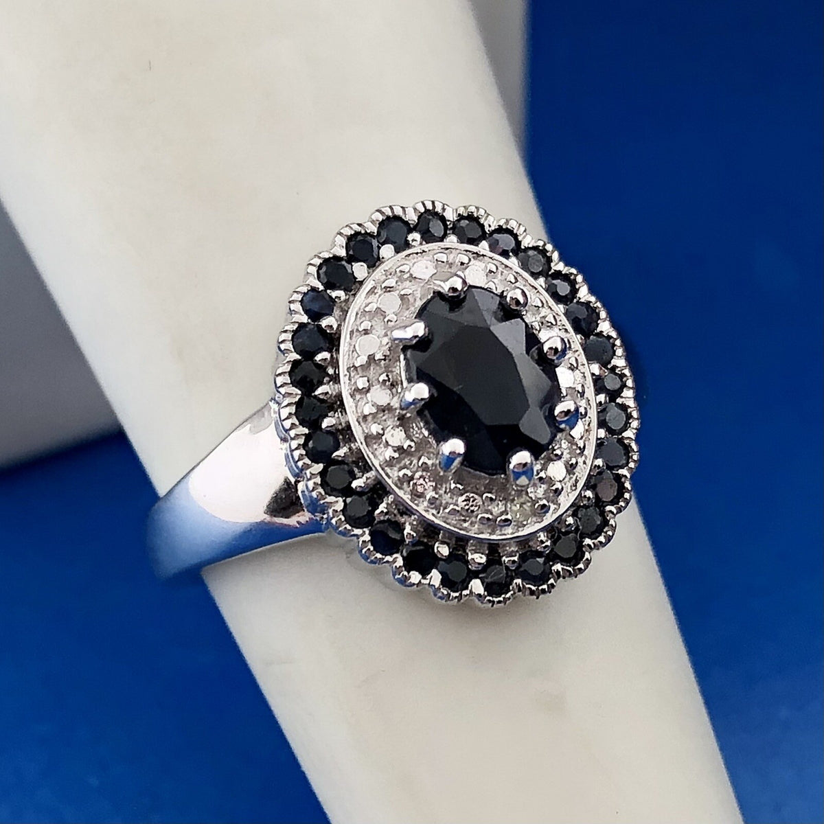Desinger PAJ 925 Sterling Silver Oval Sapphire Halo September Anniversary Ring