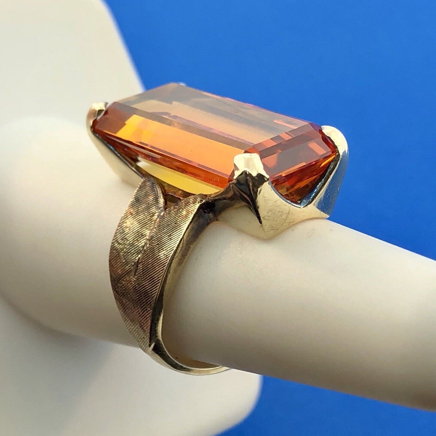 Art Deco Esemco 10K Yellow Gold Orange Sapphire Statement Cocktail Ring