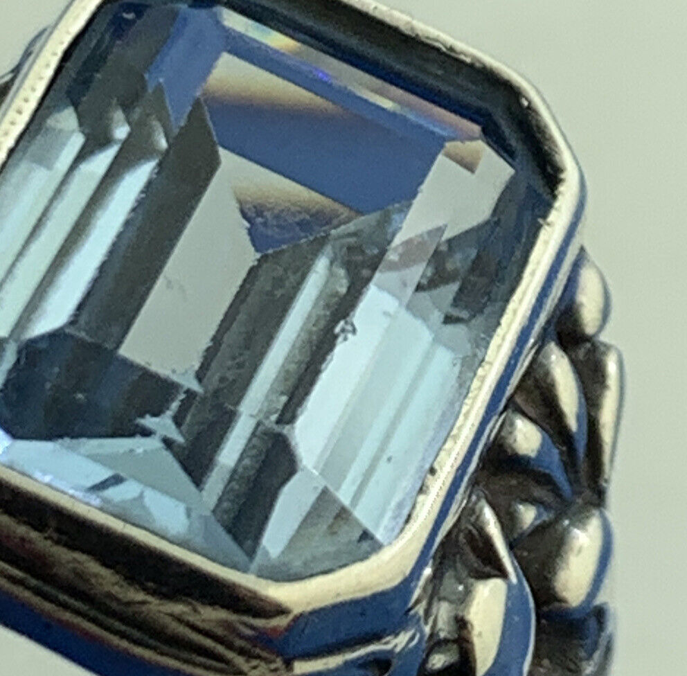 Estate Sterling Silver Emerald Cut Blue Topaz Scroll Floral Vine Cocktail Ring