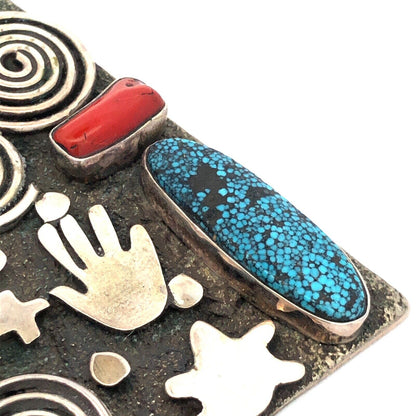 Alex Sanchez Navajo Sterling Silver Turquoise Coral Petroglyph Enhancer Pendant