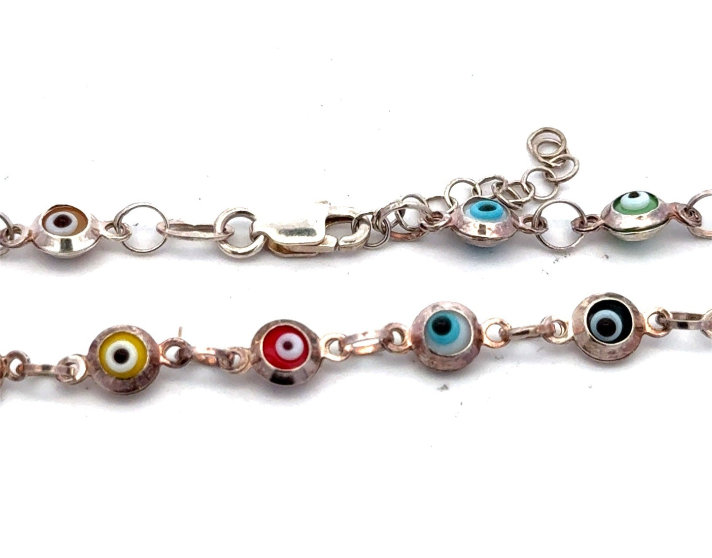 Estate 925 Sterling Silver Multicolor Evil Eye Bead Round Link 8.75" Bracelet