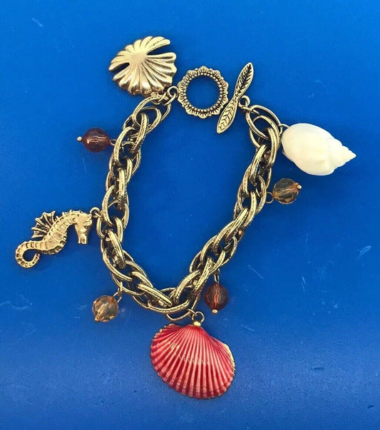 Retro Gold Tone Seashore Ocean Beach Sea Horse Theme Beads Toggle Charm Bracelet