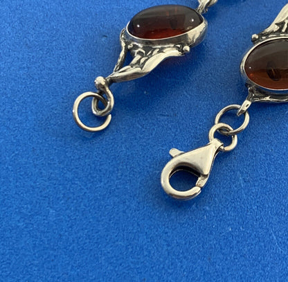 Vintage 925 Sterling Silver Oval Amber Cabochon Station Tennis Bracelet