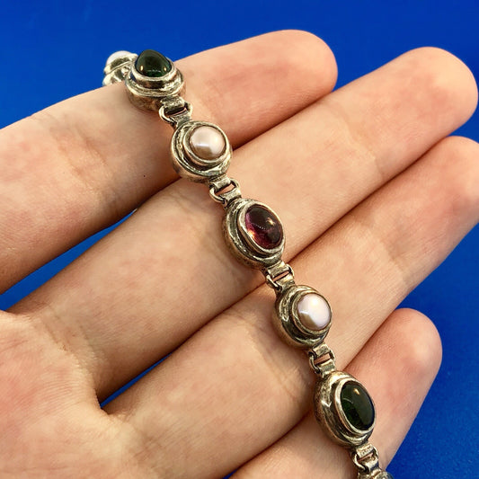 Retro Sterling Silver 925 Green Purple Amethyst Pearl February Toggle Bracelet