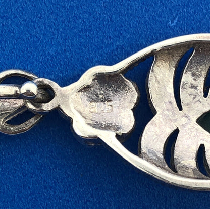 Retro Sterling Silver 925 Marcasite Green Glass Art Deco Style Pendant Necklace