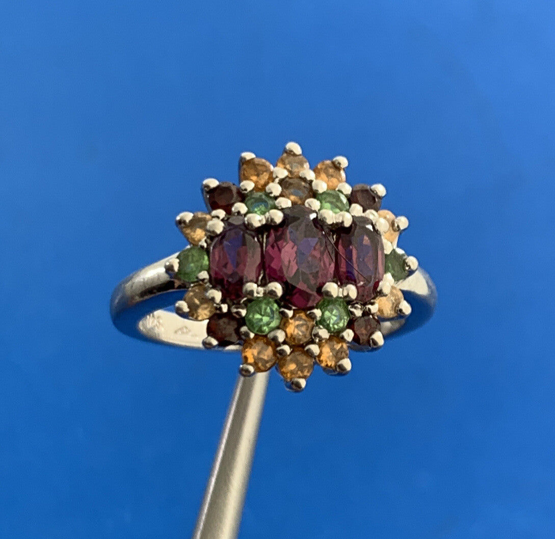 Designer 925 Sterling Silver Mixed Gemstone Floral Cluster Cocktail Ring