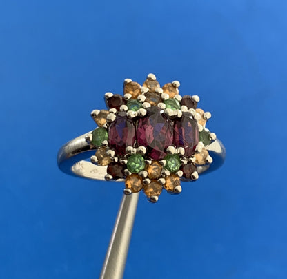 Designer 925 Sterling Silver Mixed Gemstone Floral Cluster Cocktail Ring