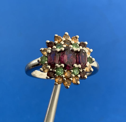Designer 925 Sterling Silver Mixed Gemstone Floral Cluster Cocktail Ring