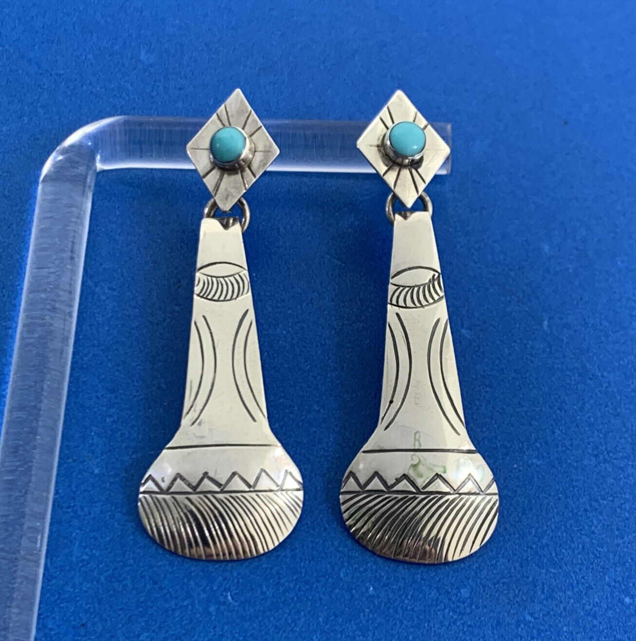 Native American 925 Sterling Silver Turquoise Artisan Concho Dangle Earrings