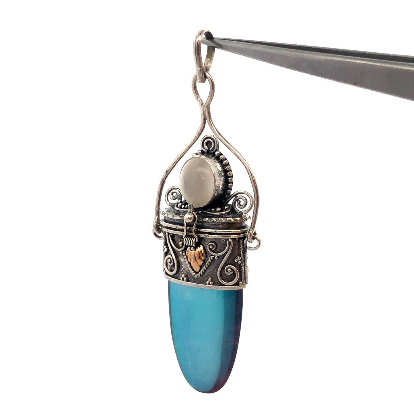 Vintage 925 Sterling Silver Iridescent Crystal Glass Snuff Filigree Box Pendant