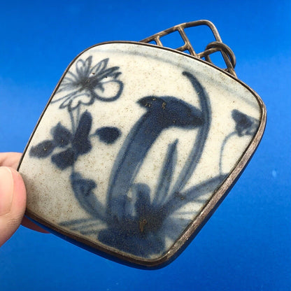 Vintage Artisan Signed 925 Sterling Silver Blue White Pottery Statement Pendant