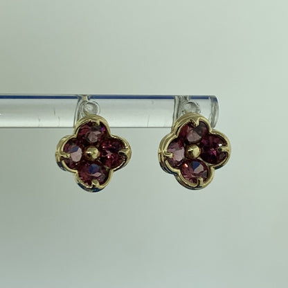 Designer Mexico 14K Yellow Gold Pink Tourmaline Flower Stud Earrings