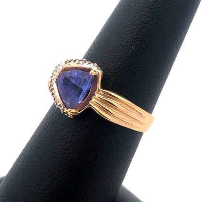 Custom 14k Yellow Gold Trillion Tanzanite Diamond X Ribbon Halo Size 7.25 Ring