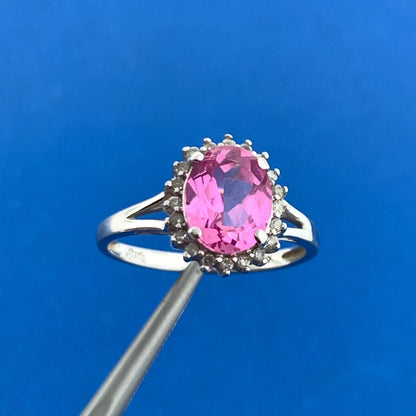 Designer 14K White Gold Oval Pink Sapphire Diamond Halo Custom Engagement Ring