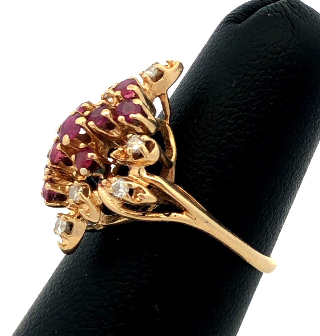 Vintage HJW 14K Yellow Gold Ruby Diamond Cluster Waterfall Cocktail Ring