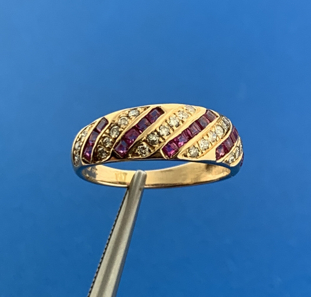 Designer 14K Yellow Gold Ruby Diamond July Wedding Anniversary Tapered Band Ring