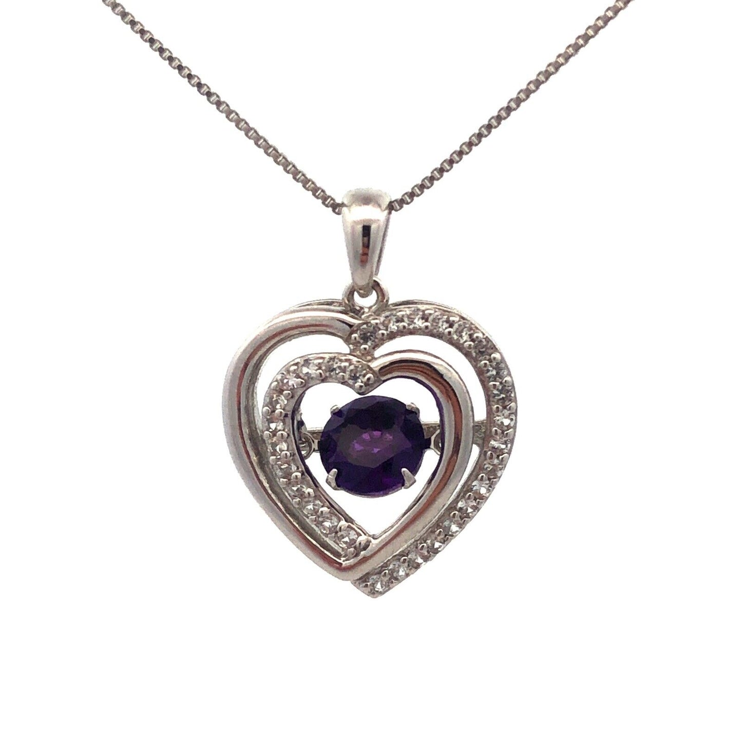 Designer  925 Sterling Silver Round Amethyst White Topaz Heart Pendant Necklace