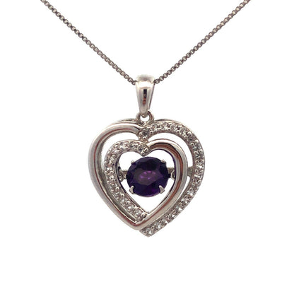 Designer  925 Sterling Silver Round Amethyst White Topaz Heart Pendant Necklace