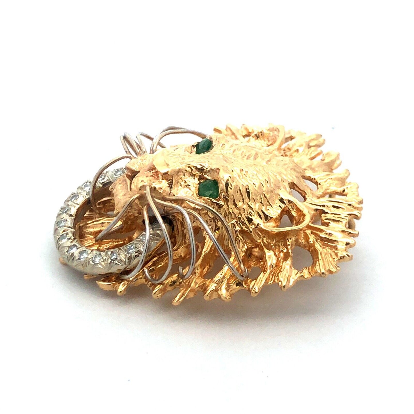 Gorgeous 14k Yellow Gold Emerald Diamond Lion Head Jungle Door Knocker Pendant