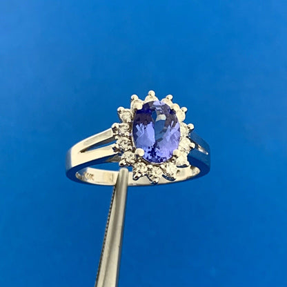 Designer 14K White Gold Oval Tanzanite White Topaz Halo Accent Anniversary Ring