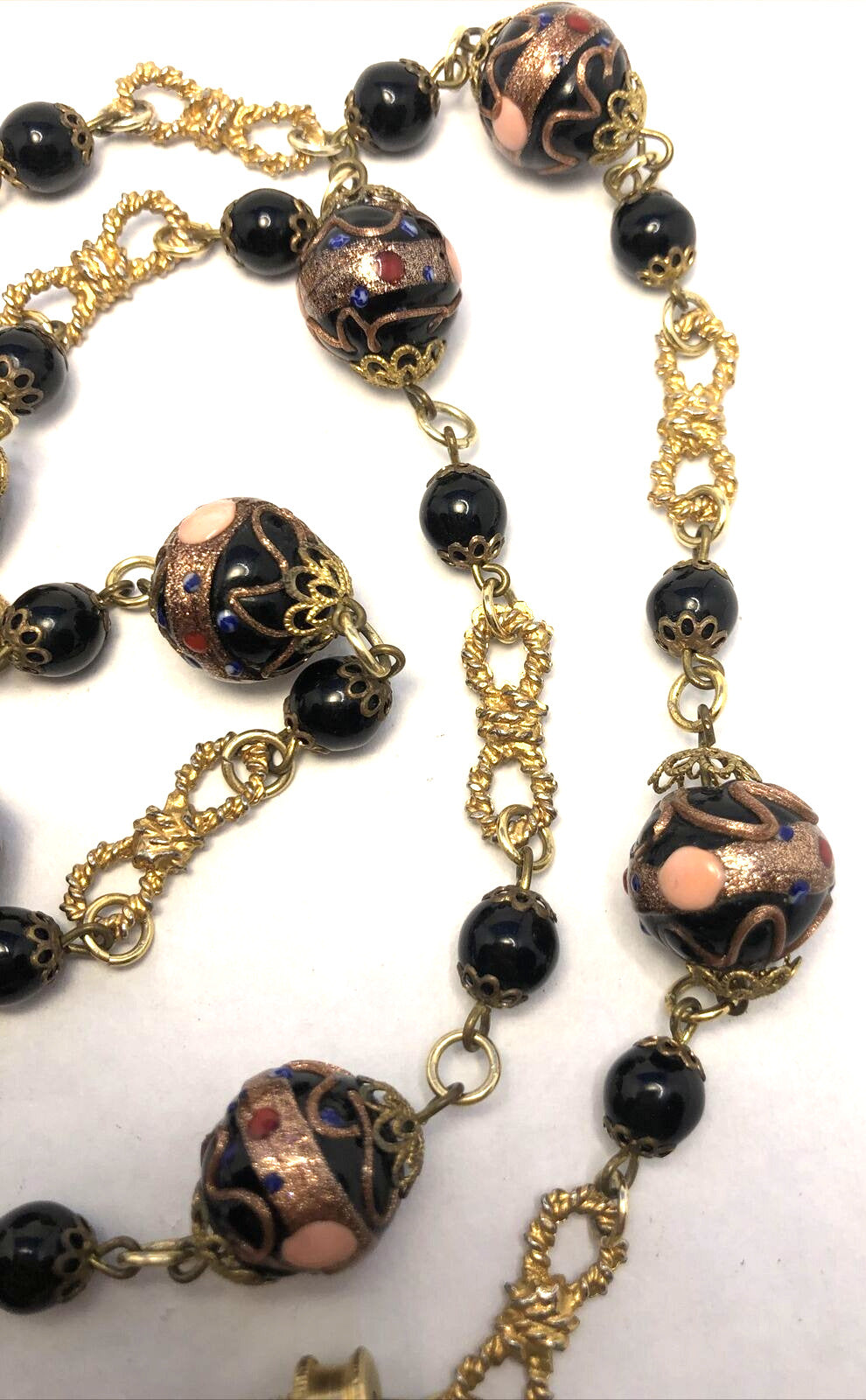 Vintage Murano Venetian Copper Cobalt Glass Bead Gold-Tone Statement Necklace