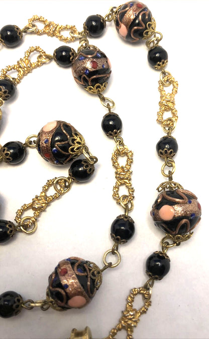 Vintage Murano Venetian Copper Cobalt Glass Bead Gold-Tone Statement Necklace