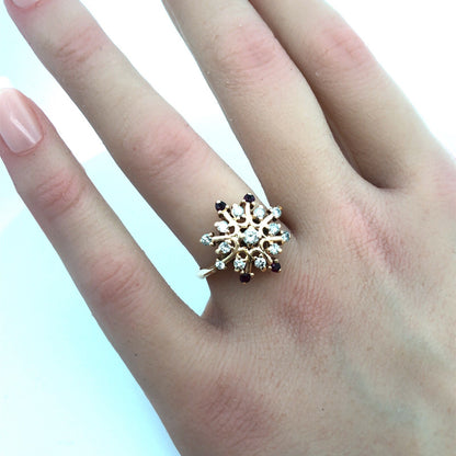 Designer 14K Yellow Gold Diamond Ruby Accent Starburst Snowflake Cocktail Ring