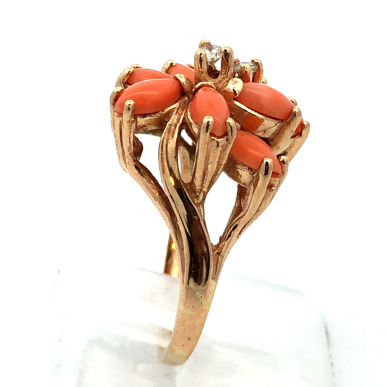 Designer 14K Yellow Gold Pink Coral Diamond Statement Cocktail Ring