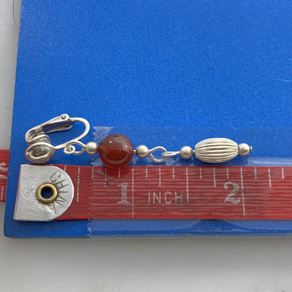 Vintage Carnelian Bead 925 Sterling Silver Dangle Clip On Earrings