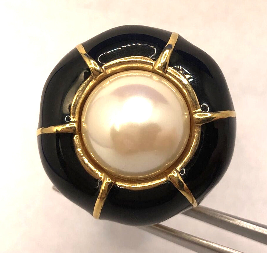 Designer Ciner Gold Tone Black Enamel Faux Pearl Round Statement Clip Earrings