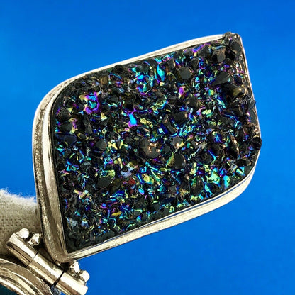Estate Sterling Silver 925 Ocean Blue CZ Rainbow Druzy Geode Statement Pendant
