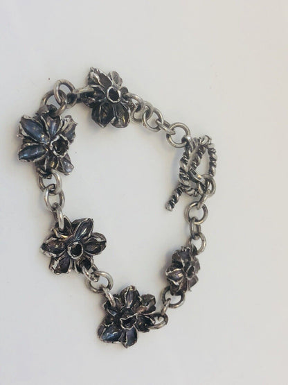 Native American Signed Sterling Silver 925 Flower Panel Toggle Bracelet