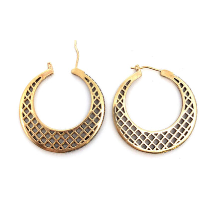 Vermeil 925 Sterling Silver Basket Weave Hoop Cubic Zirconia Border Earrings