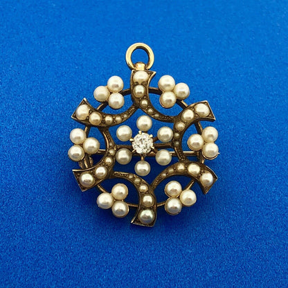 Vintage 14k Yellow Gold Diamond Seed Pearl Spiral Cluster Brooch Pendant
