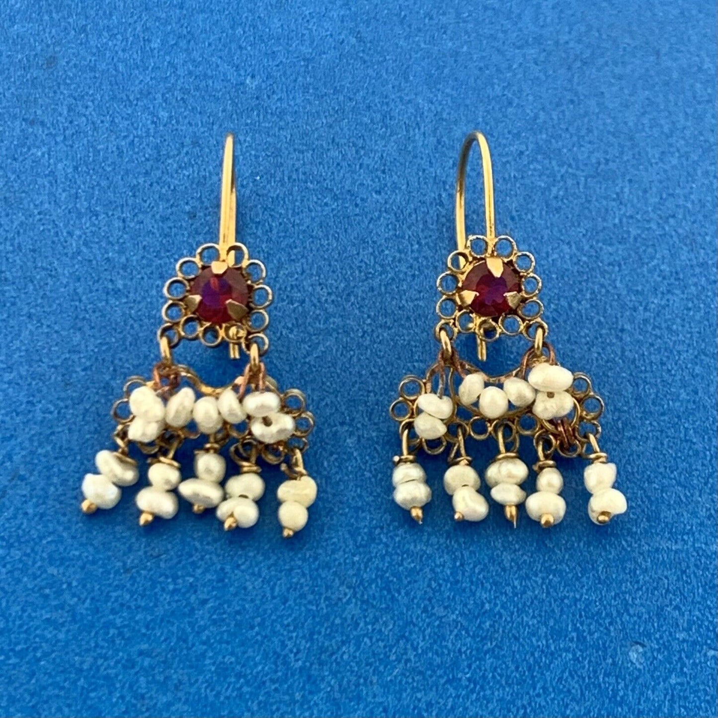 Antique 10K Yellow Gold Garnet Seed Pearl January Anniversary Dangle Earrings