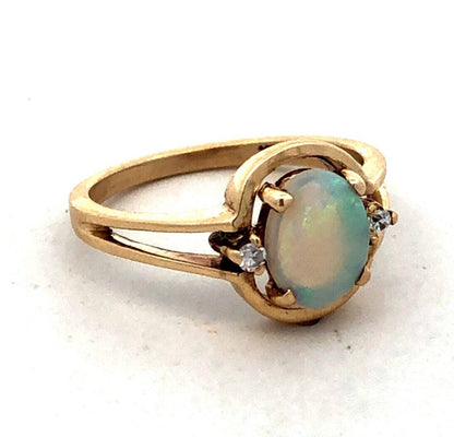 Designer JCE 10K Yellow Gold Oval White Opal Diamond October Birthstone Ring
