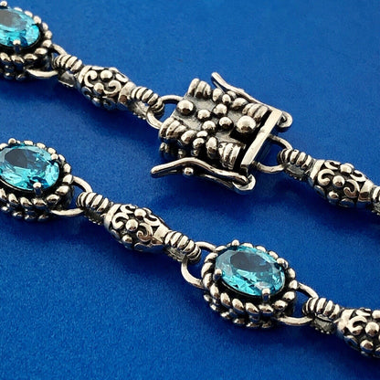 Retro Sterling Silver 925 Oval Aqua Cubic Zirconia CZ Station Tennis Bracelet