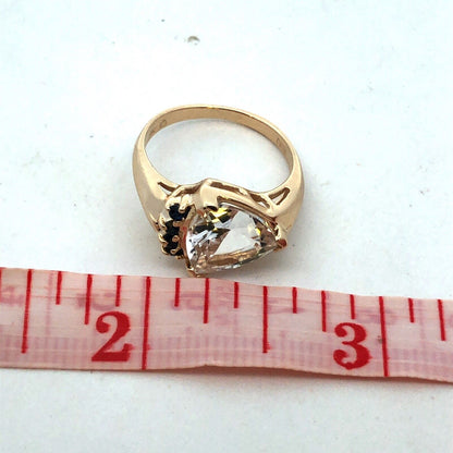 14K Yellow Gold Designer Trillion Cut White Topaz Blue Sapphire Accent Ring