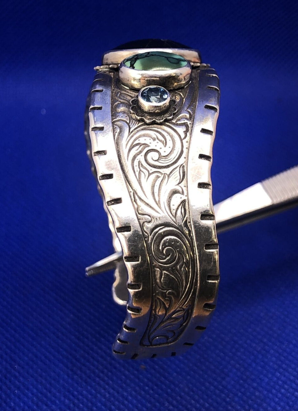 Sterling Silver Multi Stone Life is Good Scroll Design Wavy Open Cuff Bracelet