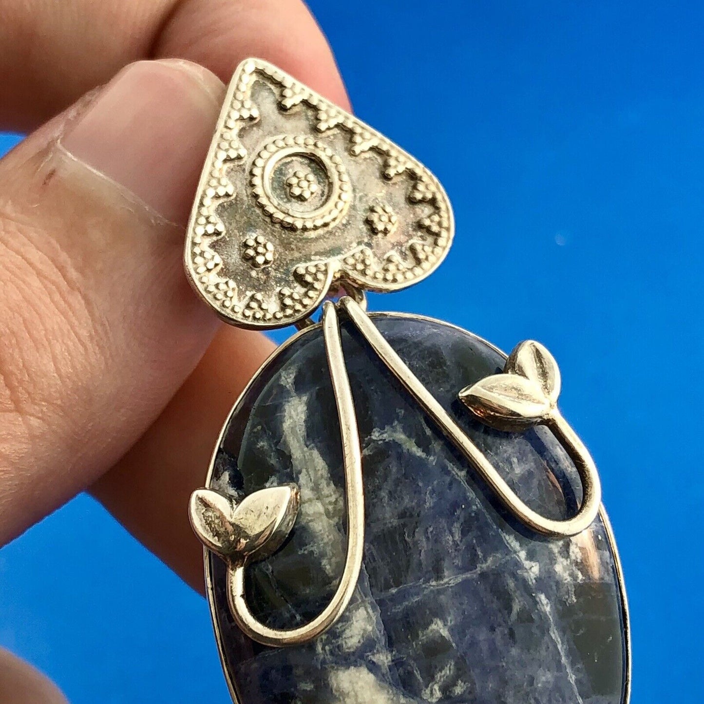 Vintage 925 Sterling Silver Lapis Lazuli Floral Beadwork Statement Pendant
