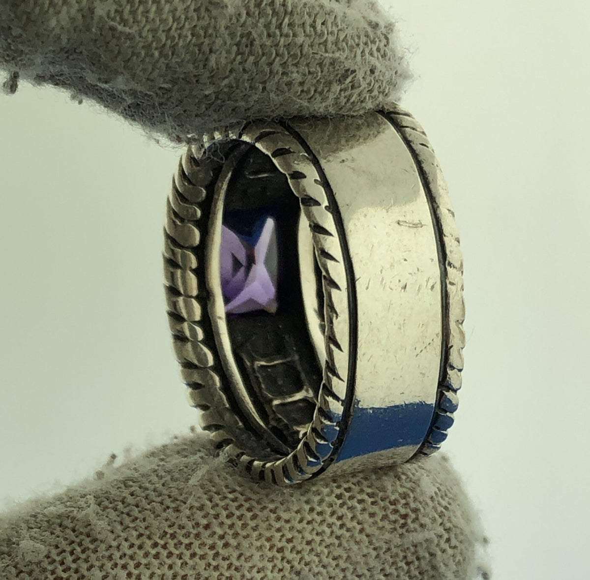 Stunning Sterling Silver 925 Faceted Amethyst Brick Cigar Band Ring Size 8