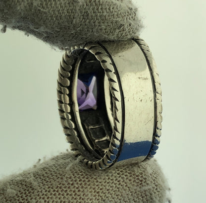 Stunning Sterling Silver 925 Faceted Amethyst Brick Cigar Band Ring Size 8