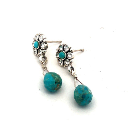 925 Sterling Silver Turquoise Round Cubic Zirconia Dangle Stud Earrings