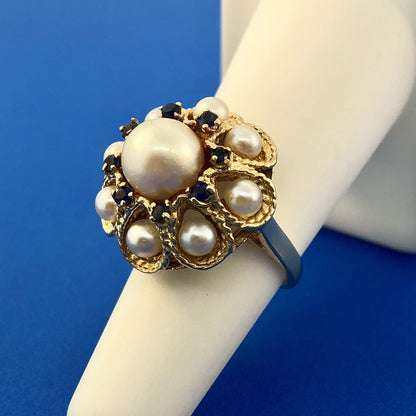 Vintage 14K Yellow Gold Pearl Sapphire Princess Style Cocktail Ring