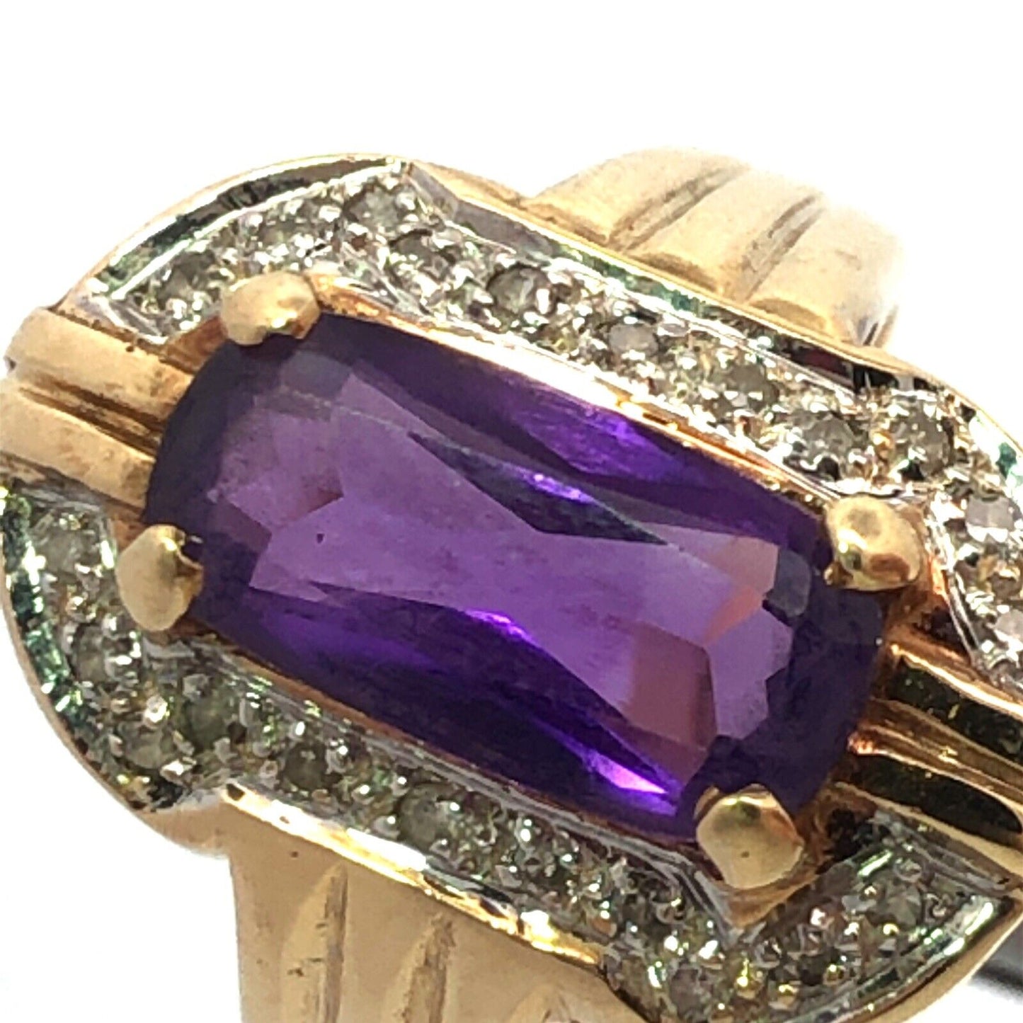 Vintage 14K Yellow Gold Oval Amethyst Diamond Halo Statement Anniversary Ring