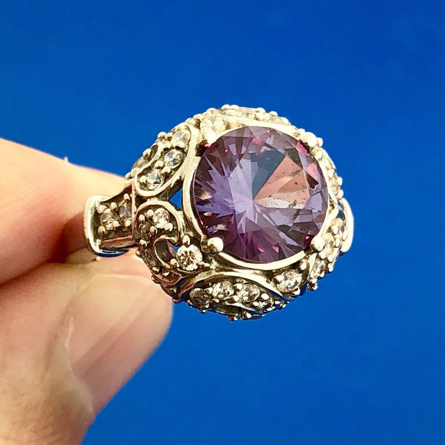 Gorgeous Sterling Silver 925 Purple Spinel Diamond Halo Statement Cocktail Ring