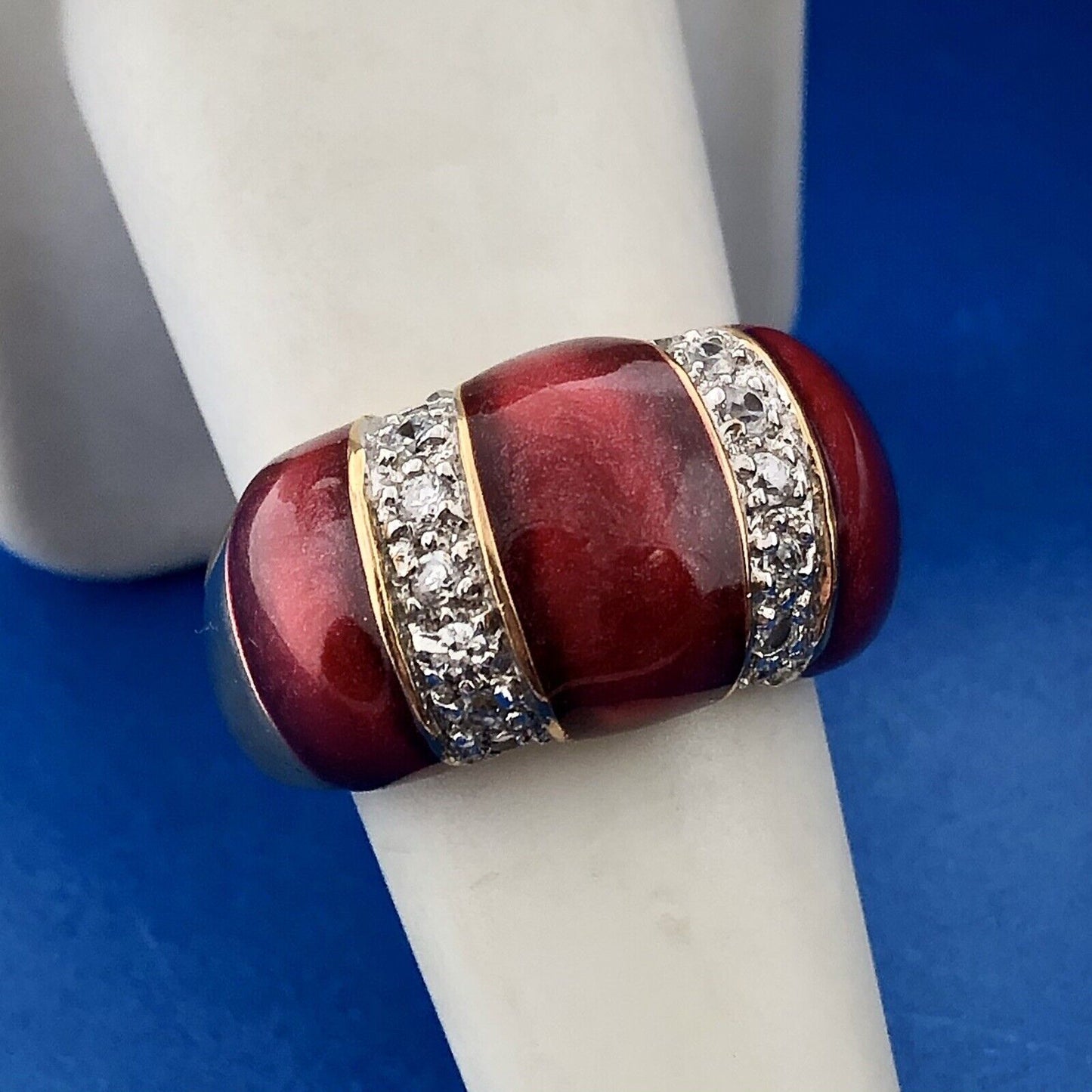 Stunning 925 Sterling Silver Red Enamel Cubic Zirconia Statement Dome Ring