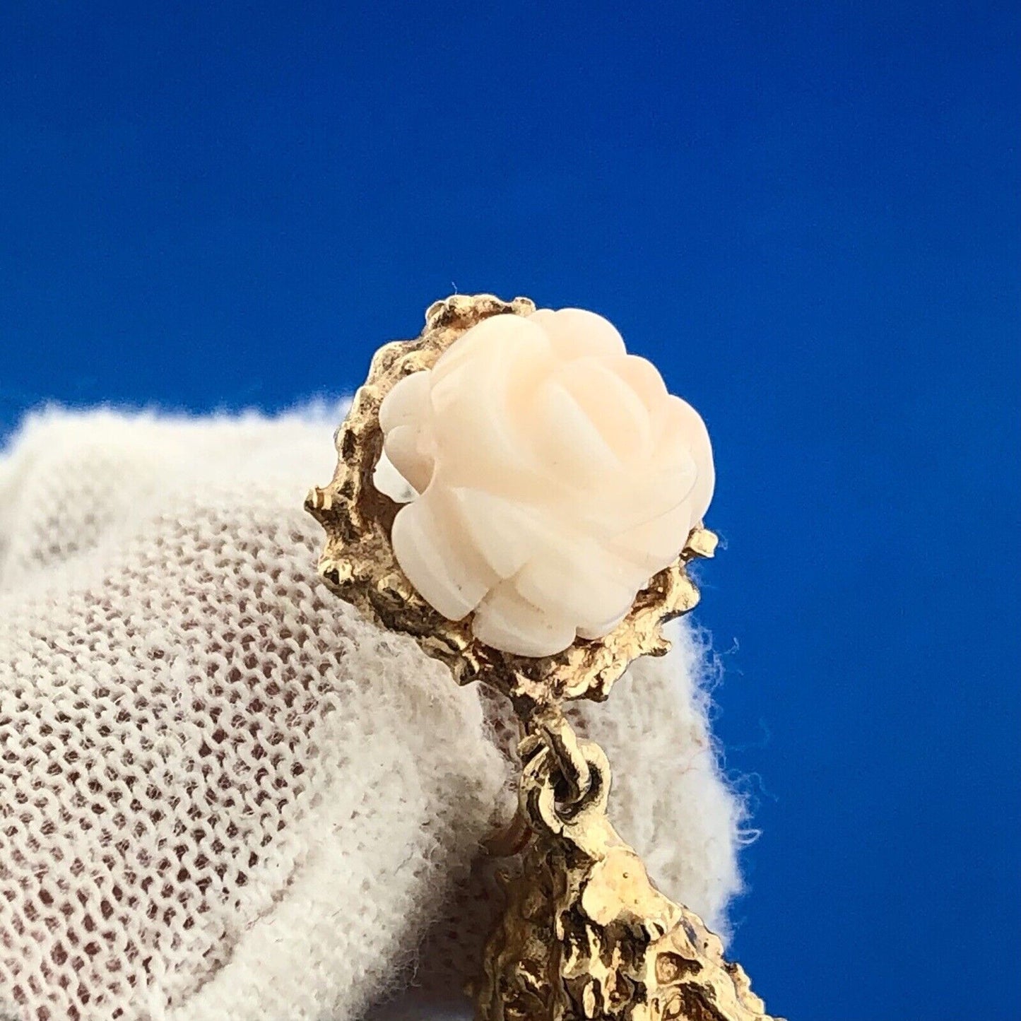 Mid Century 14K Yellow Gold Carved Pink Coral Rose Flower Dangle Screw Earrings