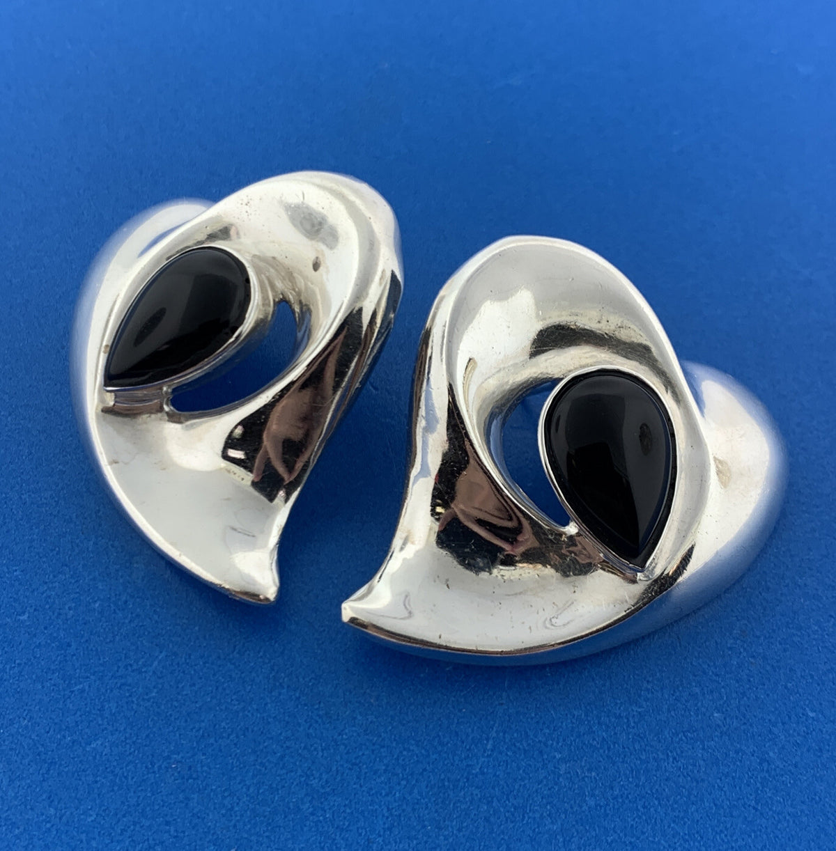 Designer Sterling Silver 925 Teardrop Onyx Abstract Stud Friction Back Earrings