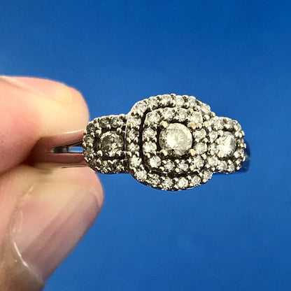 Estate 10K White Gold Diamond Double Halo Accents Engagement Anniversary Ring